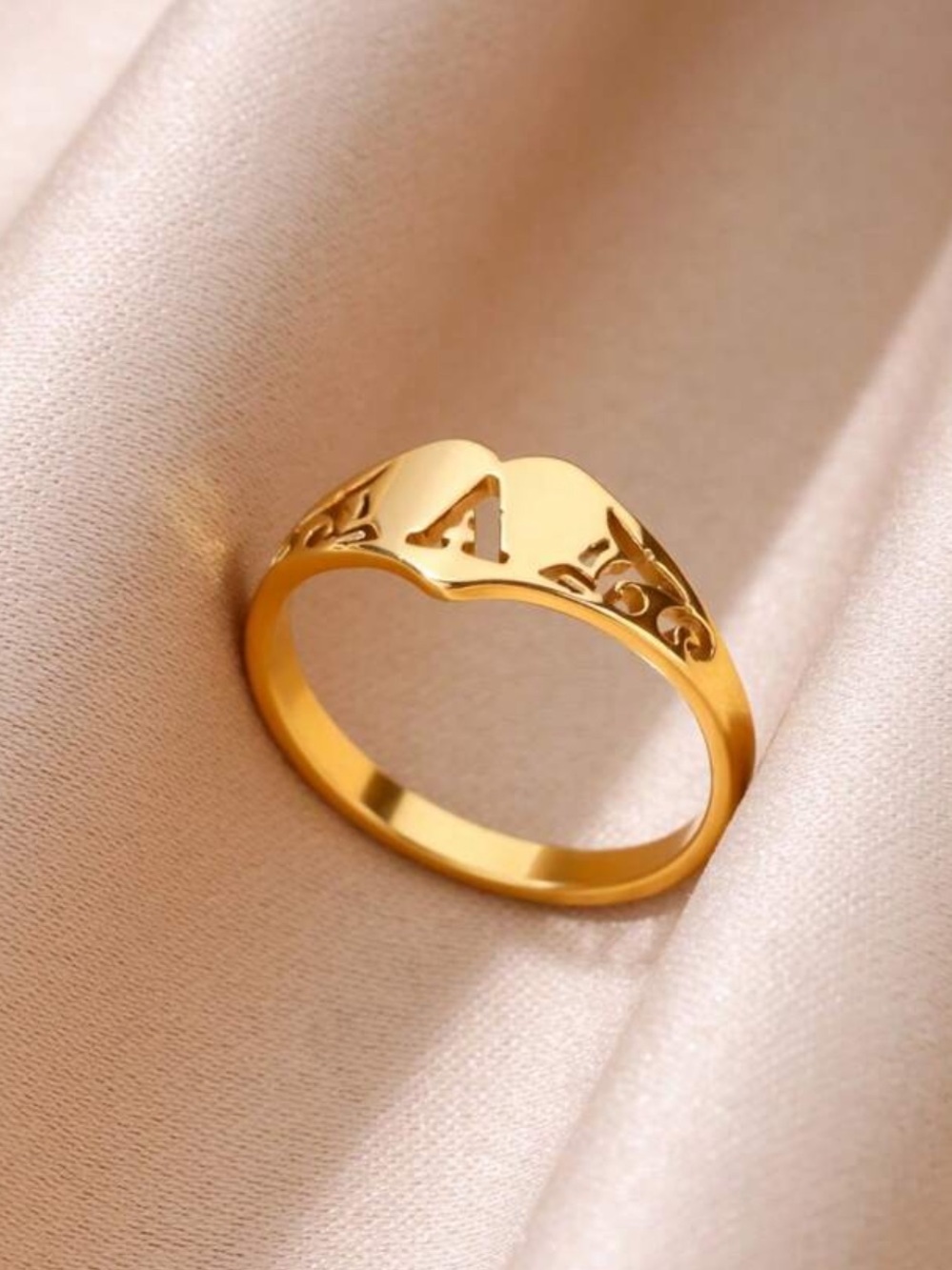 Gold Heart Initial A Signet Ring - Women's Personalized Jewelry R 600
